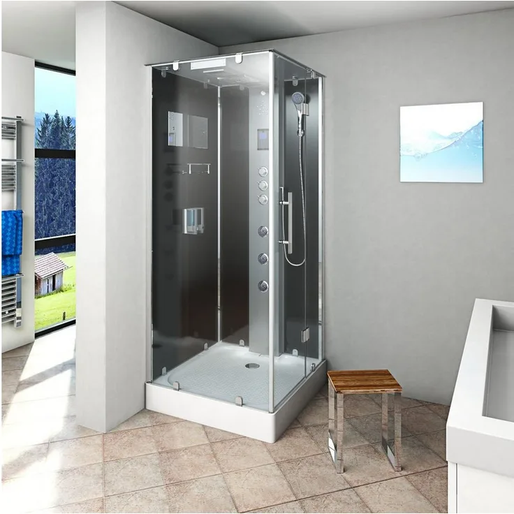 AcquaVapore Komplettdusche Duschkabine D38-03R1-EC Schwarz 80x80, Sicherheitsglas ESG, inklusive Duschwanne, Thermostat-Armatur, Regendusche, Handbrause