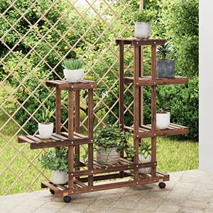 vidaXL Blumenständer mit Rollen 95x25x101 cm Massivholz Tanne Karbonisiertes Braun 10 kg Belastbarkeit (1 St) – Bild 2