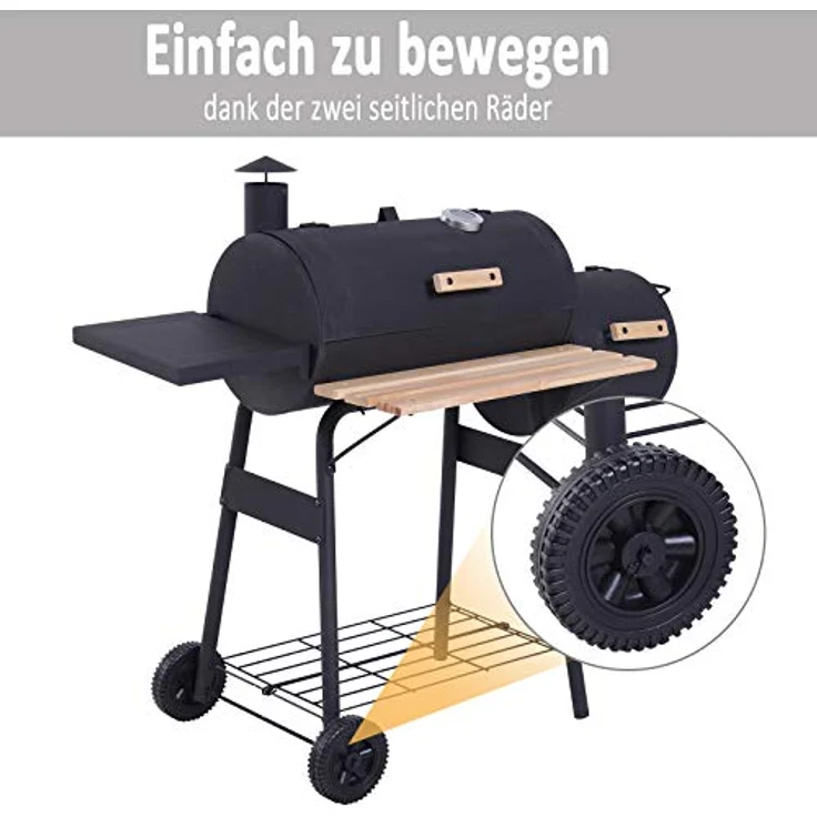 Outsunny Smoker Grill BBQ Holzkohlengrill Grillwagen Multifunktion mit 2 x Brennkammer Schornstein Metall + Tannenholz Schwarz 124 x 53 x 104 cm – Bild 5