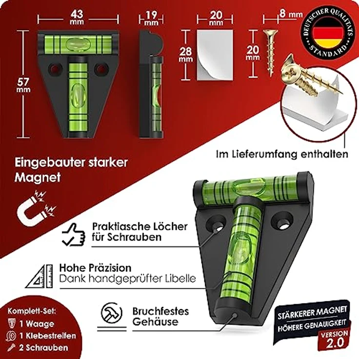 WEIDEBACH® Mini Wasserwaage schwarz, Magnetisch, bruchsicher und robust für Wohnmobil und Camping, Kreuzwasserwaage – Bild 2