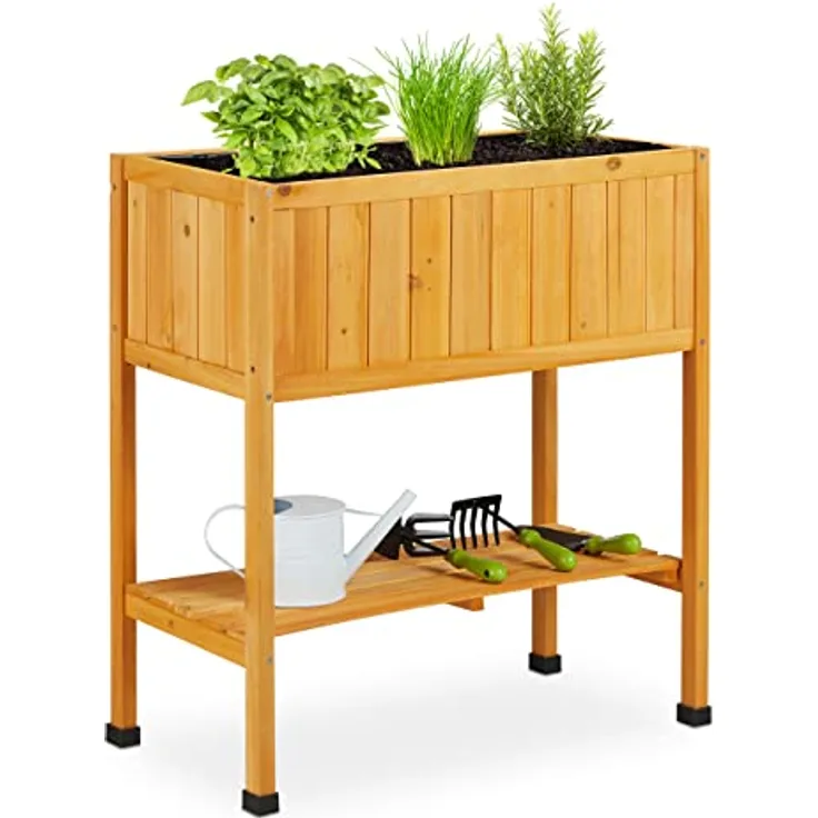 Relaxdays Hochbeet Holz, Pflanzbeet auf Stelzen, HBT: 80,5 x 74 x 38 cm, Garten, Balkon & Terrasse, mit Folie, orange