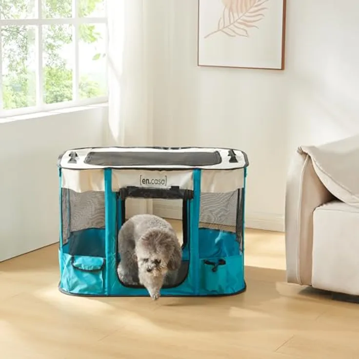 [en.casa] Welpenauslauf Mörbylånga, faltbar, 70 x 55 x 45 cm, tragbarer Pop Up Haustierlaufstall für Hund und Katze, Indoor/Outdoor, Blau/Beige