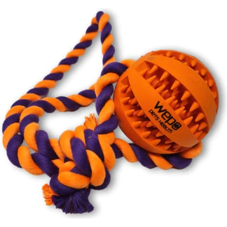 WEPO Ball mit Schnur Hund Orange Ø7cm - Spielzeug für große Hunde - Zahnpflege Hund - Zergel Hundespielzeug - Dog Toy gegen Langeweile für Spielspaß - Strick Orange/Lila – Bild 1