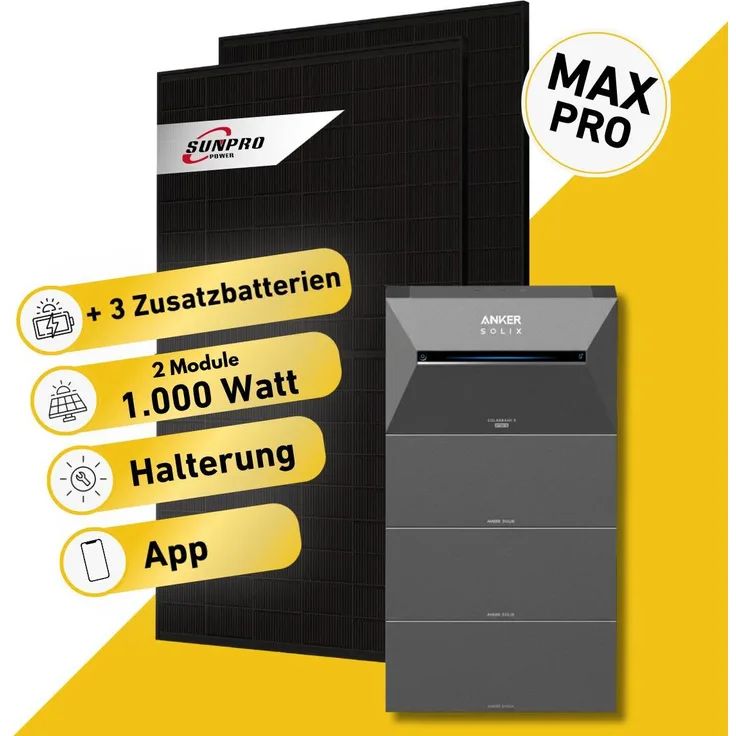 Balkonstrom Balkonkraftwerk 1000W, PV-Anlage mit 5 kWh Speicher, 3x Zusatzspeicher, 2x Bifazial-Solarmodule, 90° Fassadenhalterung, Anker Solix 4 Pro, 15m Kabel