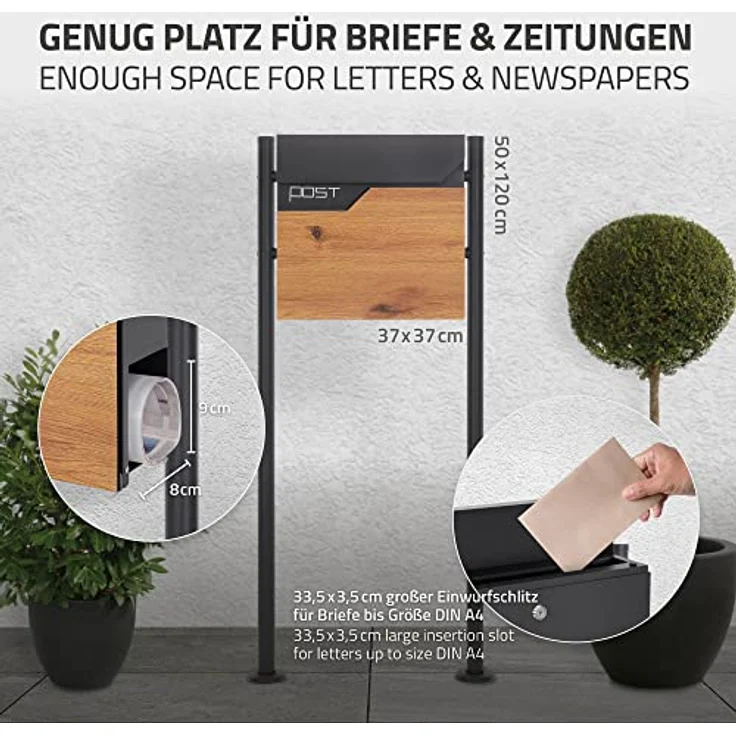 ECD Germany Standbriefkasten mit Zeitungsfach, Design Briefkasten mit Pfosten, Briefkastenanlage, Briefkastenständer Anthrazit Edelstahl pulverbeschichtet, Postkasten Anthrazit-Holzoptik Edelstahl – Bild 4