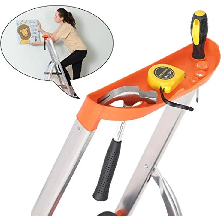 SONGMICS Leiter mit 3 Stufen, Aluleiter, 12 cm breite Stufen mit Riffelung, Anti-Rutsch-Füße, mit Handlauf, Werkzeugschale, bis 150 kg belastbar, schwarz-orange – Bild 3