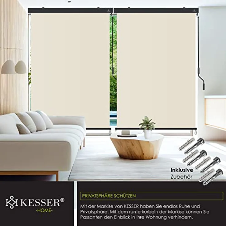 KESSER® Senkrechtmarkise Außenrollo Handkurbelmechanismus Balkonrollo Sonnen-und Sichtschutz, Beschattung Sonnenschutz Außen Rollo mit Kurbel Markisenkasten, Balkon und Terrasse, 180 x 250cm Beige – Bild 5