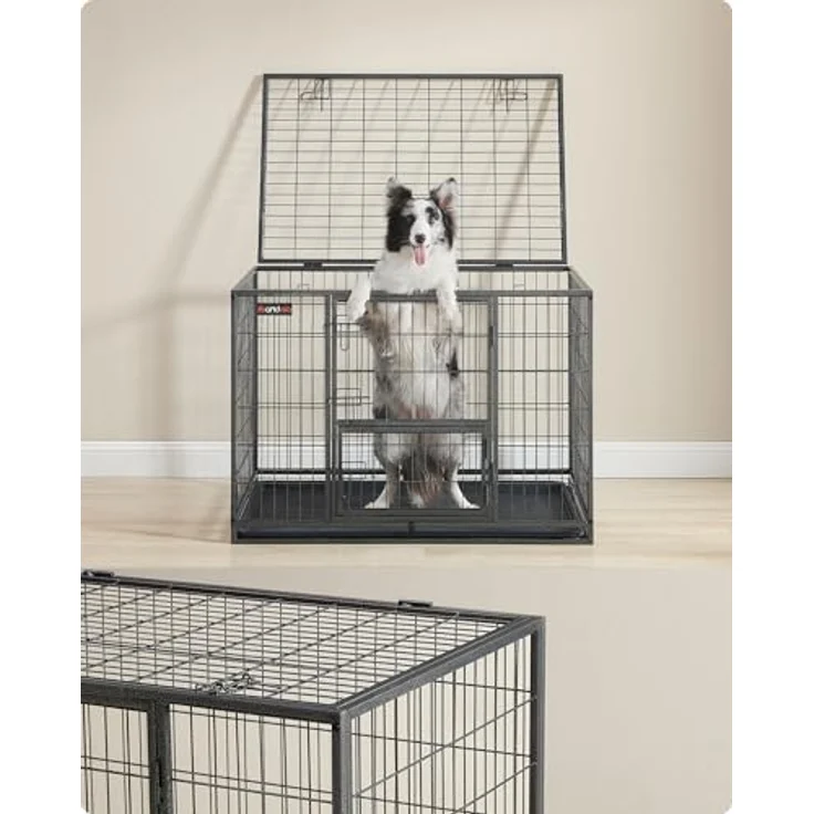 Feandrea Hundekäfig hochbelastbar, transportabler Haustierkäfig, XL, grau, 107 x 70 x 75 cm, für mittelgroße, große Hunde, sicher, 2 abnehmbare Türen, Welpenauslauf – Bild 3