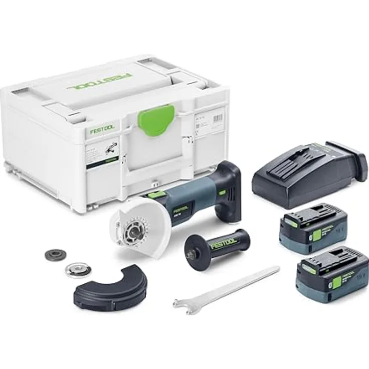 Festool Akku-Winkelschleifer AGC 18-125 5,0 EBI-Plus, robust mit stufenlos regelbarer Drehzahl und bürstenlosem EC-TEC Motor, inkl. 2 Akkupacks 5,0 Ah und Schnellladegerät