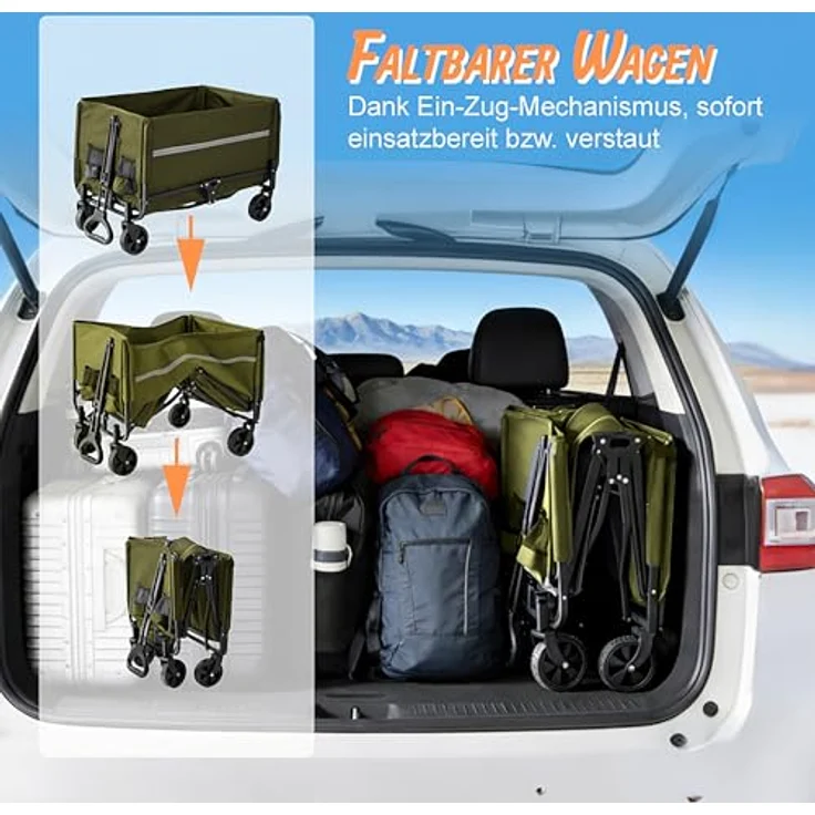 Relaxdays Bollerwagen, faltbar, 150 kg Traglast, Teleskopgriff, Regenplane, grüner Transportwagen für Einkauf und Camping – Bild 3