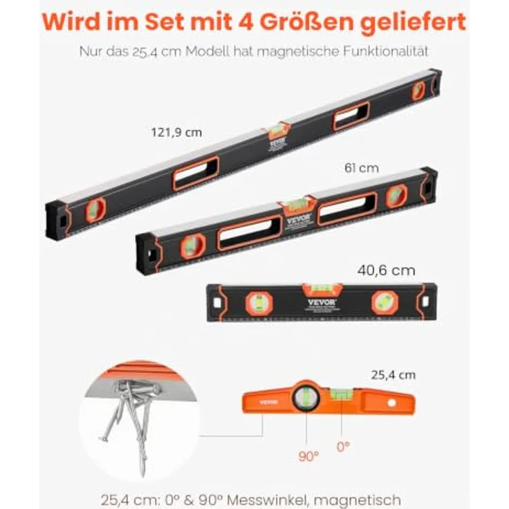 VEVOR 4-teiliges Torpedo-Wasserwaagen-Set, 120/60/40/25cm Kastenwasserwaagen-Set, hochpräzise 3-in-1 Messung, inkl. magnetischer 10 Zoll Wasserwaage, Aluminiumlegierung mit Aufbewahrungstasche – Bild 3