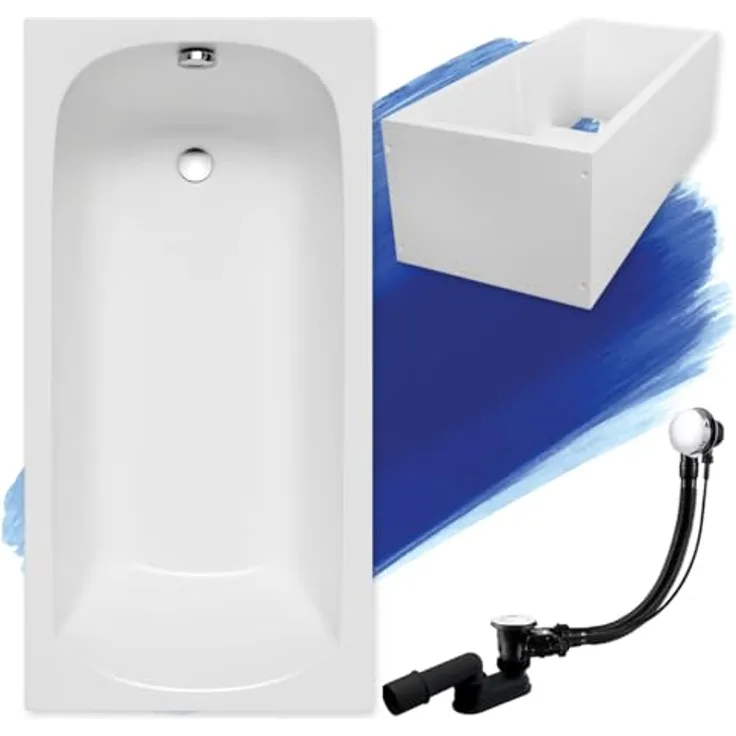 Polimat BADLAND Badewanne Rechteck CLASSIC 130x70, Komplettset mit Premium Wannenträger, automatischer Chrom Ablaufgarnitur, weiß, Made in EU