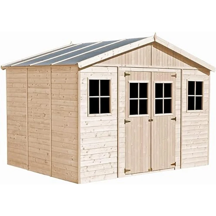Holz Gartenschuppen MIT IMPRÄGNIERTEM Boden - Abstellkammer mit Fenstern - H246 x 418 x 320 cm/ 12 m² Naturholz-Shiplap-Schuppen - Gartenwerkstatt - Fahrrad- Geräteschuppen TIMBELA M331+331G – Bild 1