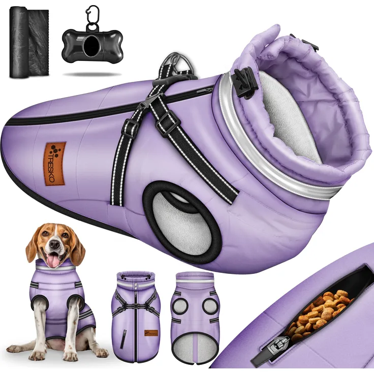 TRESKO Hundejacke Winter mit Reflektoren inkl. 15 Stück Kotbeutel, + Spender Hunderegenmantel wasserdicht Hundemantel mit Geschirr Weste, für kleine und große Hunde, blau