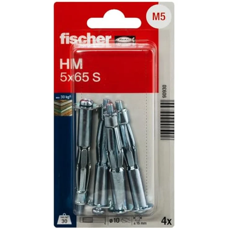 Fischer 090930 Hohlraum Metalldübel HM 5x65 S mit metrischer Schraube, hohe Tragfähigkeit, 4er Pack – Bild 1