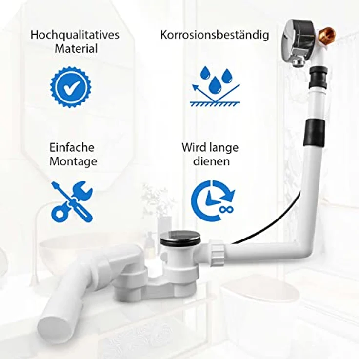 AQUADE 60027 Ab-und Überlaufgarnitur mit Zulauf für Badewannen und Whirlpools Ablauf Überlauf mit Chrom Exzenter Edelstahl Ablaufdeckel Qualität: Made in Germany, Weiss – Bild 2