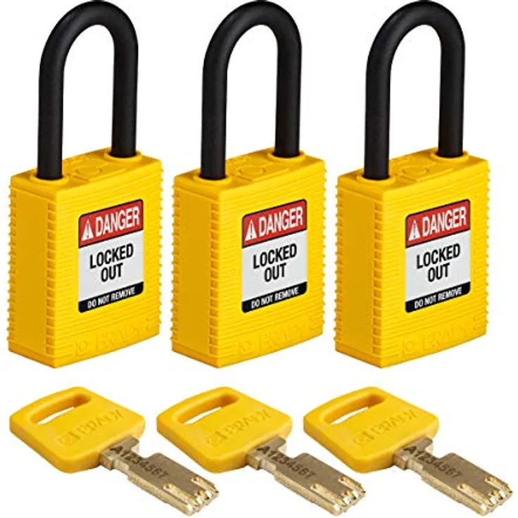 Brady (NYL-YLW-38PL-KA3PK) SafeKey Nylon Lockout-Vorhängeschloss Mit Nylon Bügel 38.00 mm Gelb KA - Gleichschließende Schlösser 3 Stück
