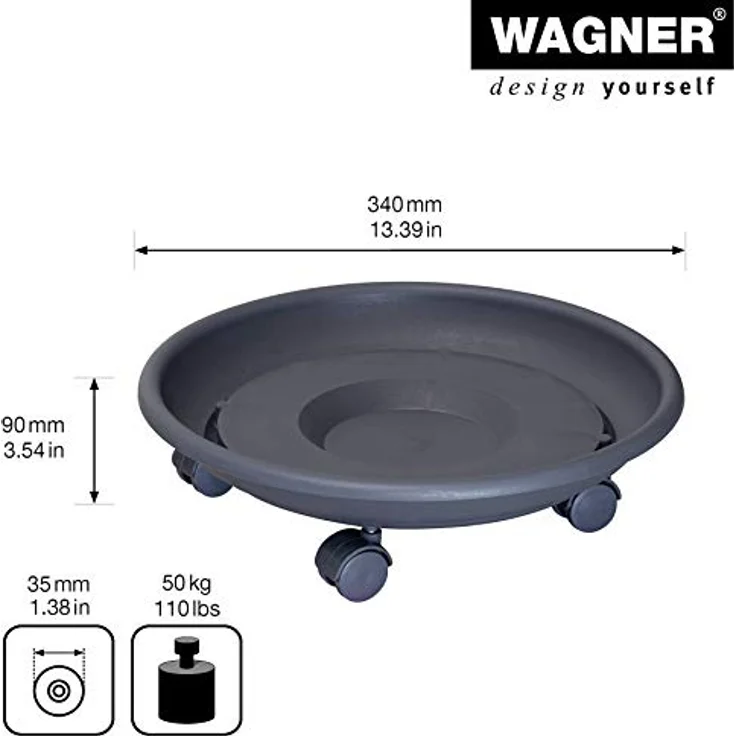 WAGNER Pflanzenroller SERIE K, Ø 34 x 9 cm, anthrazit, für Innen- und Außenbereich, Tragkraft 50 kg, witterungsbeständig, Made in EU – Bild 3