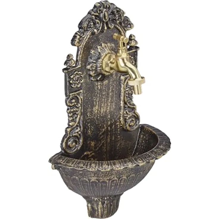 relaxdays Gartenbrunnen Wandbrunnen antik, bronze, dekorativer Aluguss mit Wasserzapfstelle für Garten und Terrasse, Maße 40 x 24,5 x 13 cm