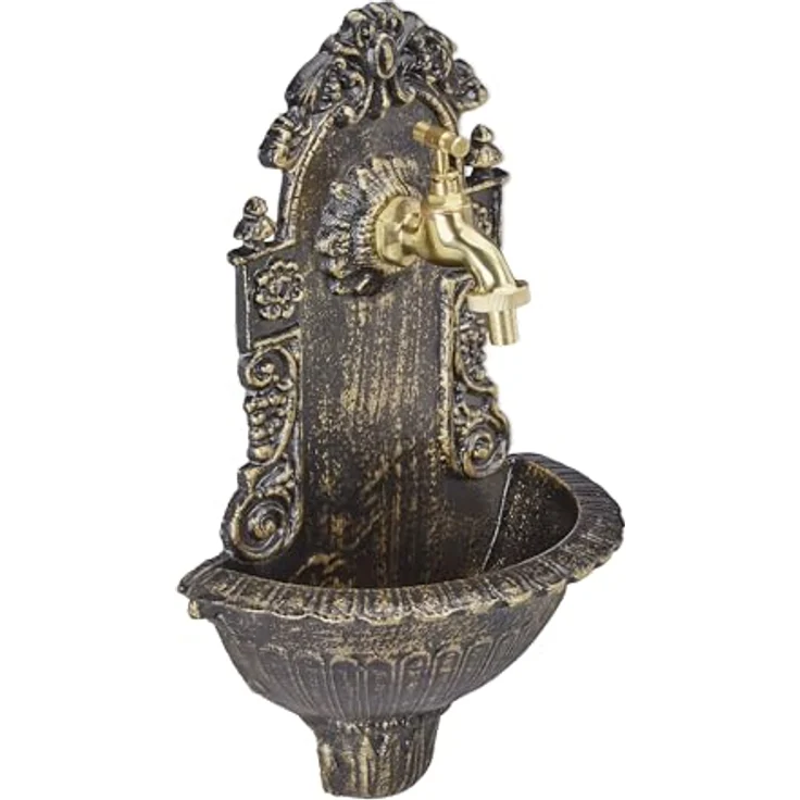 relaxdays Gartenbrunnen Wandbrunnen antik, bronze, dekorativer Aluguss mit Wasserzapfstelle für Garten und Terrasse, Maße 40 x 24,5 x 13 cm – Bild 1