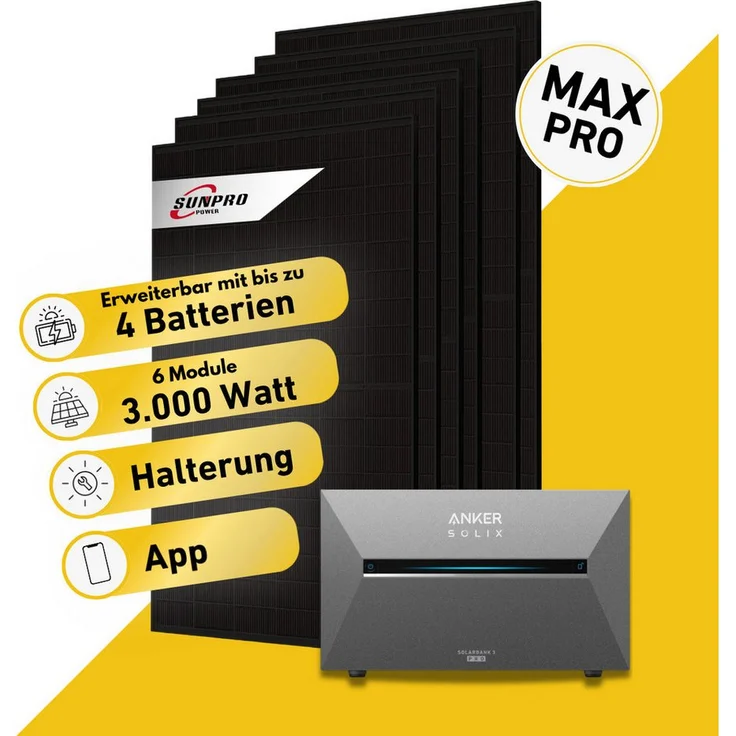 Balkonstrom Balkonkraftwerk 3000W Komplettset mit 6x 500W Sunpro Solarmodulen, Anker Solix 4 Pro Speicher E5000, Bifazial, flexibel für Balkon, Garten, Fassade
