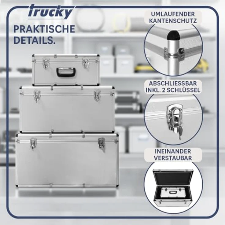 Trucky Aluminium 3er Set Boxen, abschließbare Werkzeugkisten mit 200 Litern Stauraum, silber – Bild 3