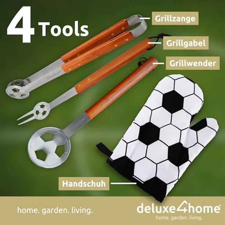 deluxe4home® Grillbesteckset im Fußball-Look, inkl. Grillzange, Grillwender, Grillgabel, Grillhandschuh und Grillschürze aus robustem 600D Polyester – Bild 3
