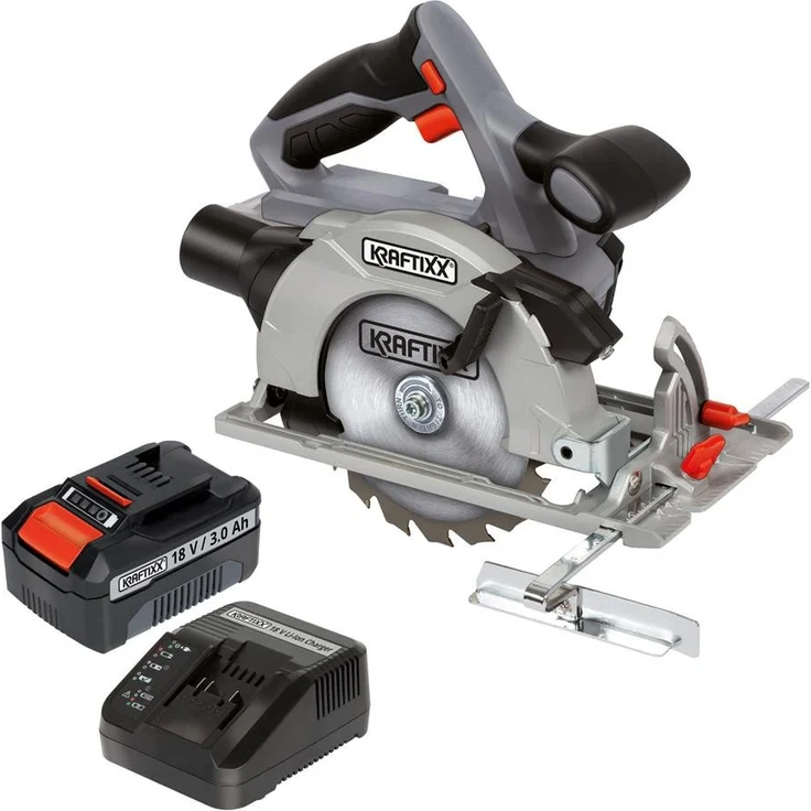 KRAFTIXX® Handkreissäge KX-HKS 18 Li, Akku-Set mit 3,0Ah, Power X-Change kompatibel, werkzeuglose Schnitttiefen- und Neigungseinstellung, Aluminium-Sägetisch