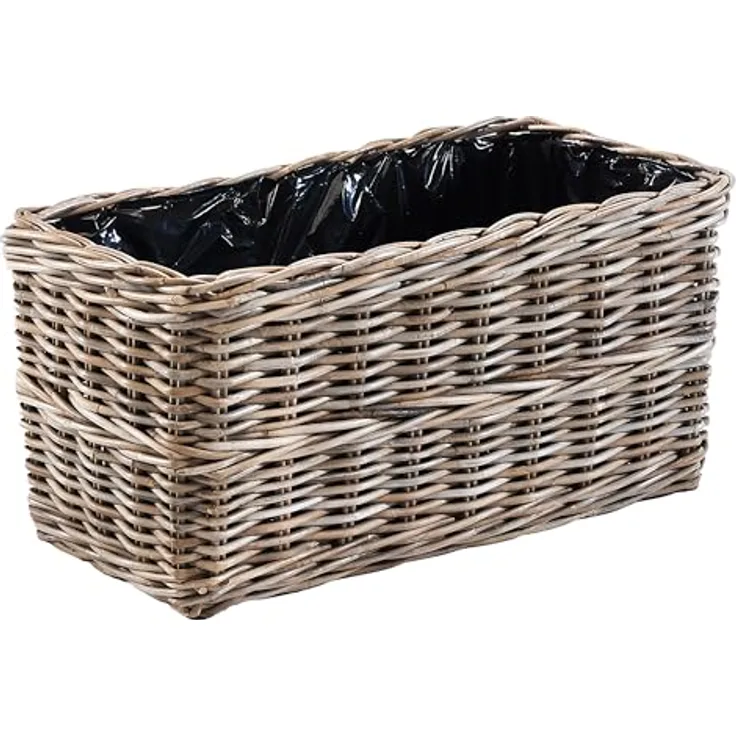 Kobolo Blumenbank LALE, eckiger Pflanzkorb aus Rattan, grau, 71x37x35 cm, ideal für Balkon, Terrasse und Innenbereich, mit integrierter Folie.