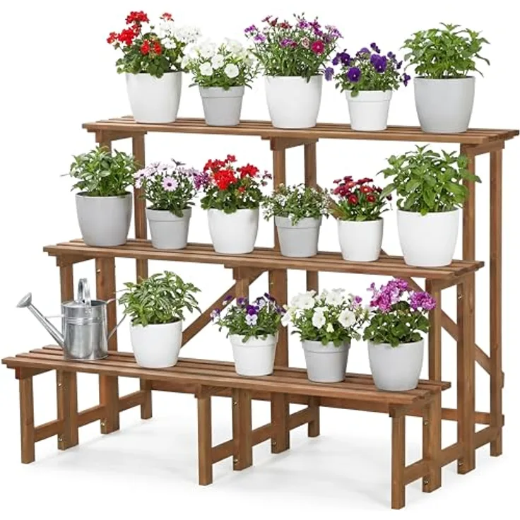 needs&wants® Große Pflanzentreppe Blumentreppe, 3-stufiger Pflanzenständer aus wetterfestem Holz, braun, für Indoor und Outdoor, 110 cm breit, 80 cm hoch