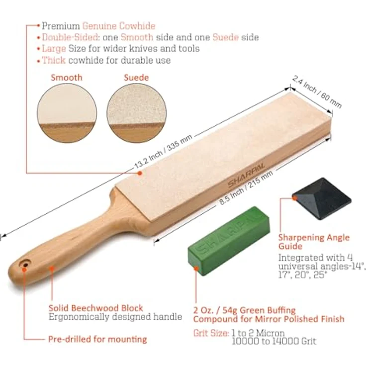 SHARPAL 205H Doppelseitiger Leder-Streichriemen, 330 x 60 mm Kit mit 53g Polierpaste & 4-fach Winkelführung für haarscharfes Honen von Messern – Bild 2