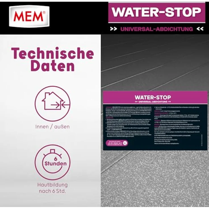 MEM Water Stop Abdichtungsmasse, Universalabdichtung & Feuchtigkeitssperre für innen & außen, lösemittel-, silikon- & bitumenfrei, Grau, 1 kg Eimer – Bild 3