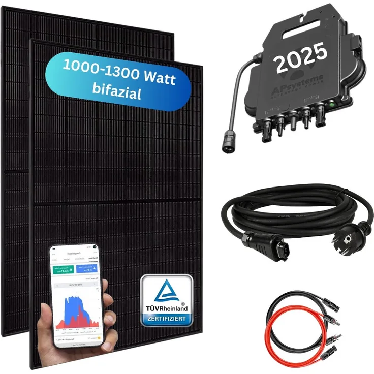 MyVoltaics MyBasic XXL Balkonkraftwerk 1000+ Watt inkl. Wechselrichter (APsystems 2025) - Anschlusskabel 5m - bifaziale Glas Module, 1300 Watt Spitzenleistung, WLAN Echtzeitüberwachung