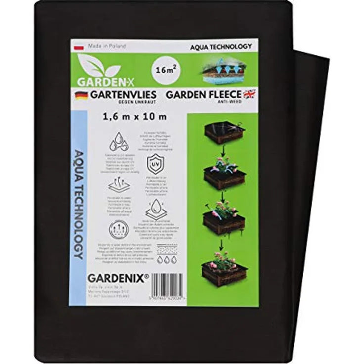 GARDENIX® 16 m² Anti Unkrautvlies 50g/m² ‒ Gartenvlies Aqua mit sehr hoher Wasserdurchlässigkeit, Hohe UV-Stabilisierung, reißfest Schwarz (1,6m x 10m)