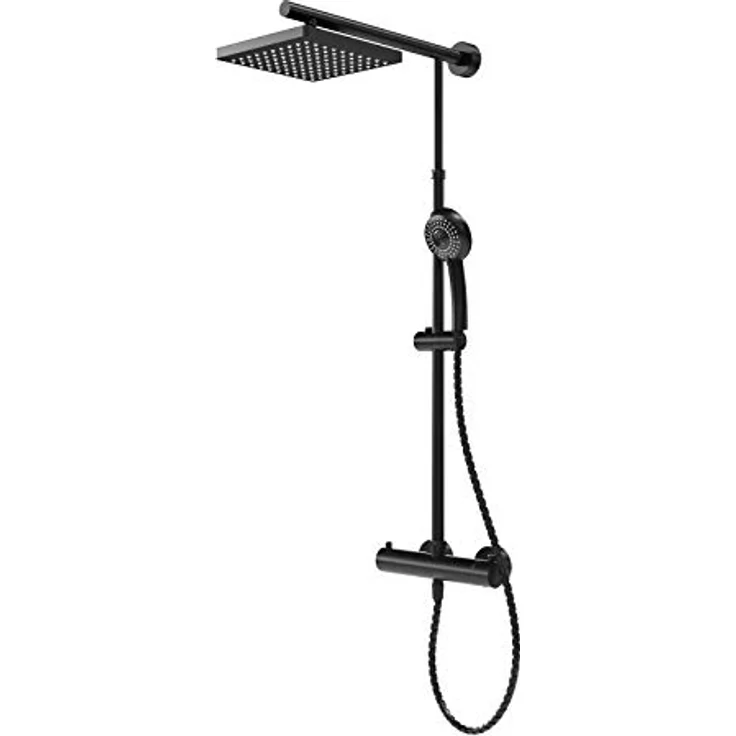 Schulte D9641 Duschsystem Black Style mit Sicherheits-Thermostat, Kopfbrause eckig, schwarz matt, Korpus aus Messing, Duschmaster Rain mit Regendusche – Bild 1