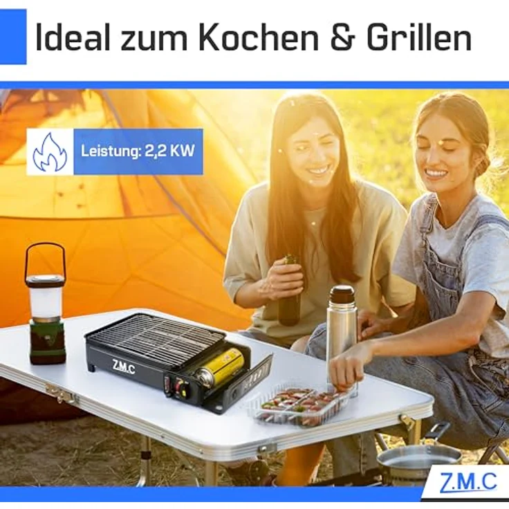 ZMC 2-in-1 Gaskocher + Gasgrill 2,2KW, inkl. Zubehör, Campingkocher mit Grillplatte + Grillrost, Tragekoffer, 3,8kg, Piezo-Zündung ohne Gaskartusche, schwarzes Design – Bild 9