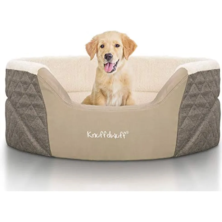 Knuffelwuff Orthopädisches Hundebett Lena aus Velours und Kunstleder mit hohem Schaumstoffrand M-L 70 x 50cm Braun/Beige