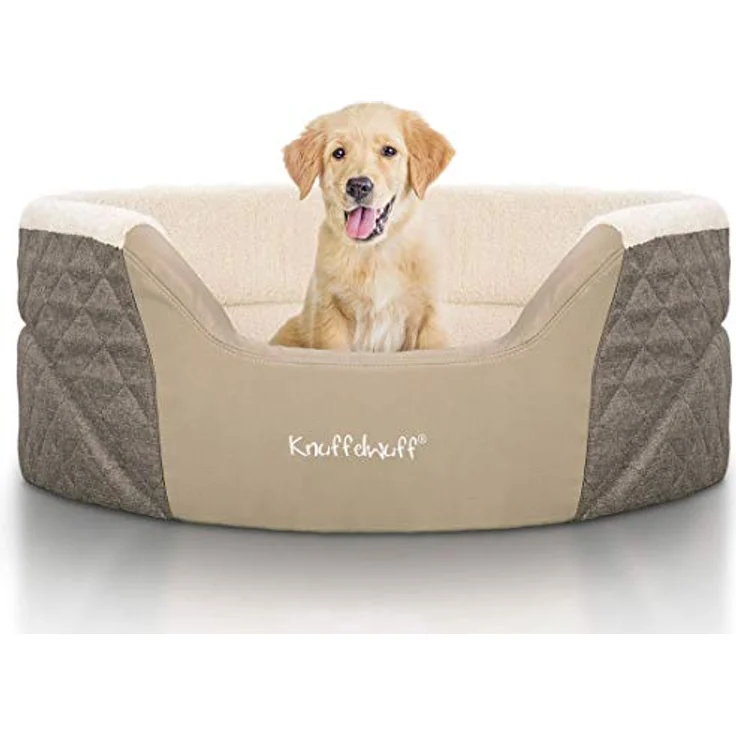 Knuffelwuff Orthopädisches Hundebett Lena aus Velours und Kunstleder mit hohem Schaumstoffrand XL 90 x 66cm Braun/Beige