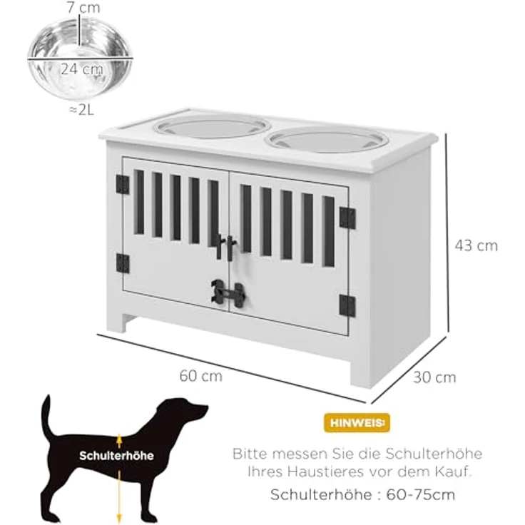 PawHut Futternapf, Erhöhte Futterstation mit 2L Edelstahlschale, Stauraum, Doppeltür mit Schloss, Hundebar für extra große Hunde, Weiß – Bild 5