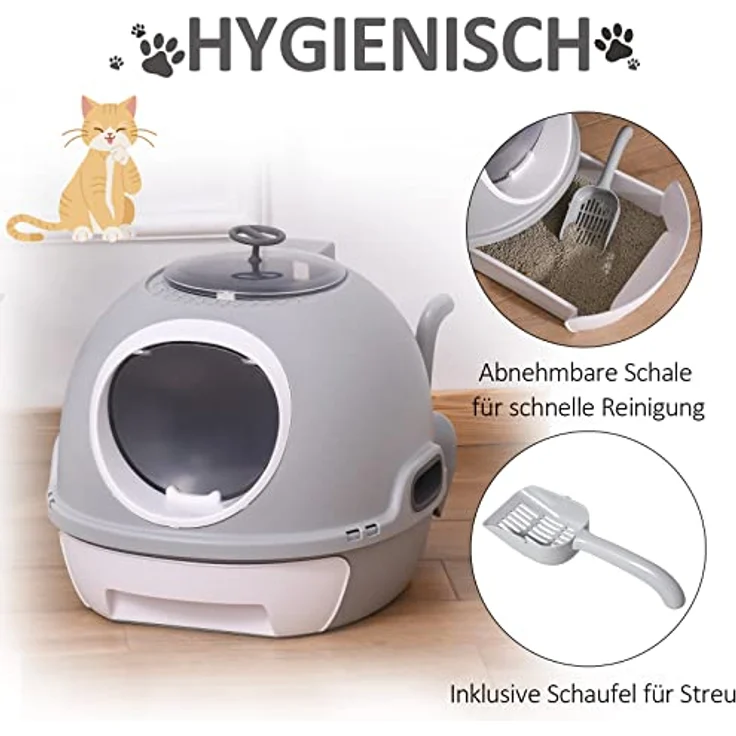 PawHut Katzentoilette mit Dachfenster, Katzenklo mit Bodenschale, mit Schaufel, Tragbar, PP ABS, Grau, 47 x 55 x 44 cm – Bild 4