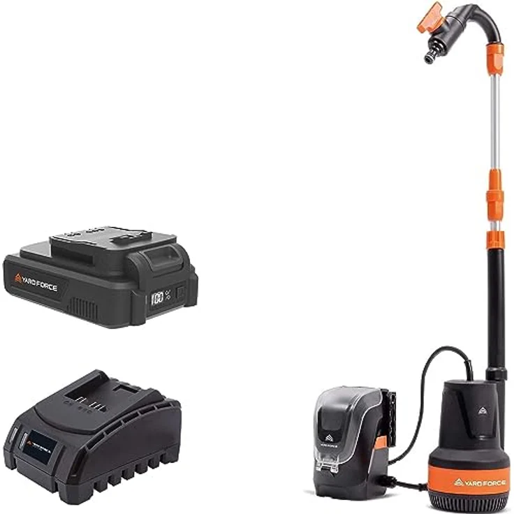 Yardforce Akku-Regenfasspumpe LX CWP1, 20 V Tauchpumpe mit 2 bar Druck und 2000 l/h Fördermenge, orange-schwarz – Bild 1