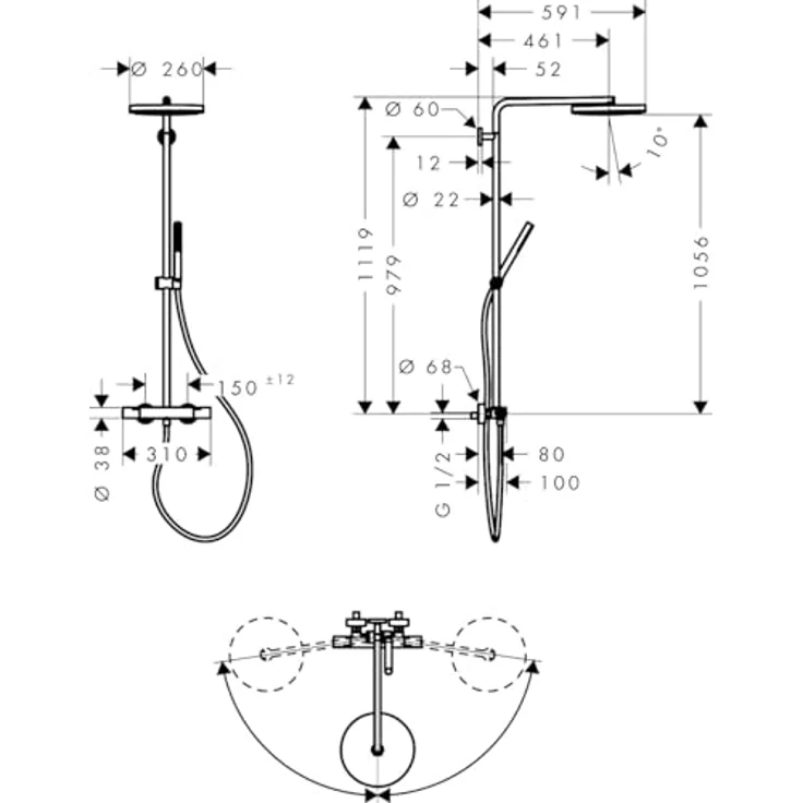hansgrohe Pulsify S Puro Duschsystem 260, 1jet, Ecostat Fine, Wandmontage, mit PowderRain und schwenkbarem Brausearm – Bild 7