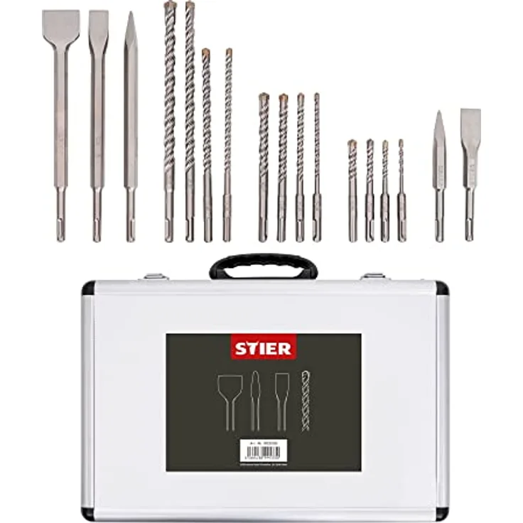 STIER SDS-Plus-Bohrer- und Meißelsatz, 17-teilig, hochwertiger Stahl, SDS-Plus-Aufnahme, Metallkoffer