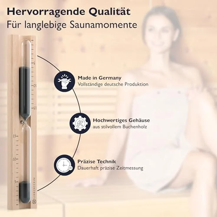 Liebenstein Sauna-Aufgussset 4-teilig, hochwertiges Sauna Zubehör Set mit Saunaeimer, Bio-Aufgüsse in Orange, Zitrone und Ingwer, Sanduhr & Hygrometer/Thermometer – Bild 5