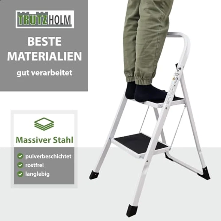 TRUTZHOLM Klapptrittleiter, 2 Stufen, TÜV/GS zertifiziert, 150 kg Traglast, Anti-Rutsch Trittflächen, Sicherheitsverriegelung, pulverbeschichteter Stahl (Weiß) – Bild 2