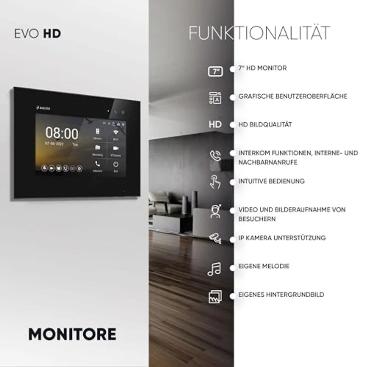 Balter EVO-HD Video Türsprechanlage, 7 Zoll HD-Monitor mit Full HD-Kamera, 175° Weitwinkel, 2-Draht Bus, schwarz – Bild 3