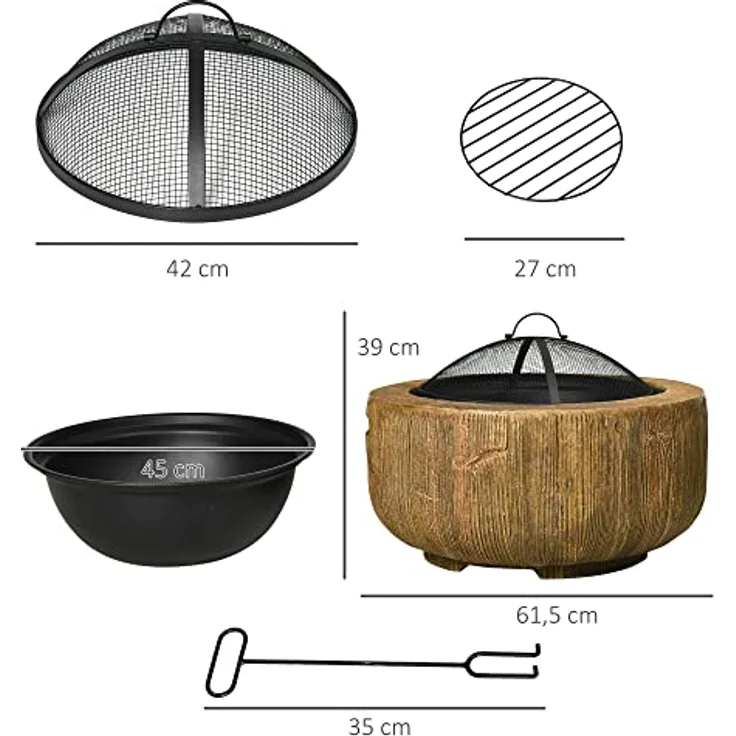 Outsunny Feuerschale, Feuerstelle mit Deckel, Feuerkorb mit Schürhaken, im Baumstumpf-Design, für Garten, Camping, Terrasse, Stahl, MgO, Braun – Bild 3