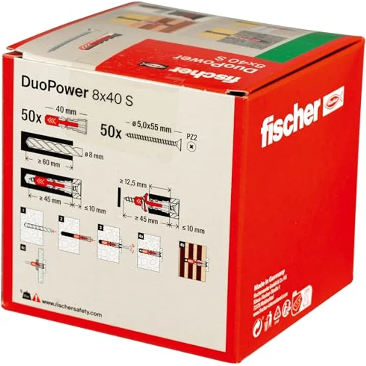 fischer DuoPower 8 x 40 S, Universaldübel mit Sicherheitsschraube, 2-Komponenten-Dübel für Beton, Ziegel, Stein und Gipskarton, 50 Dübel + 50 Schrauben – Bild 3