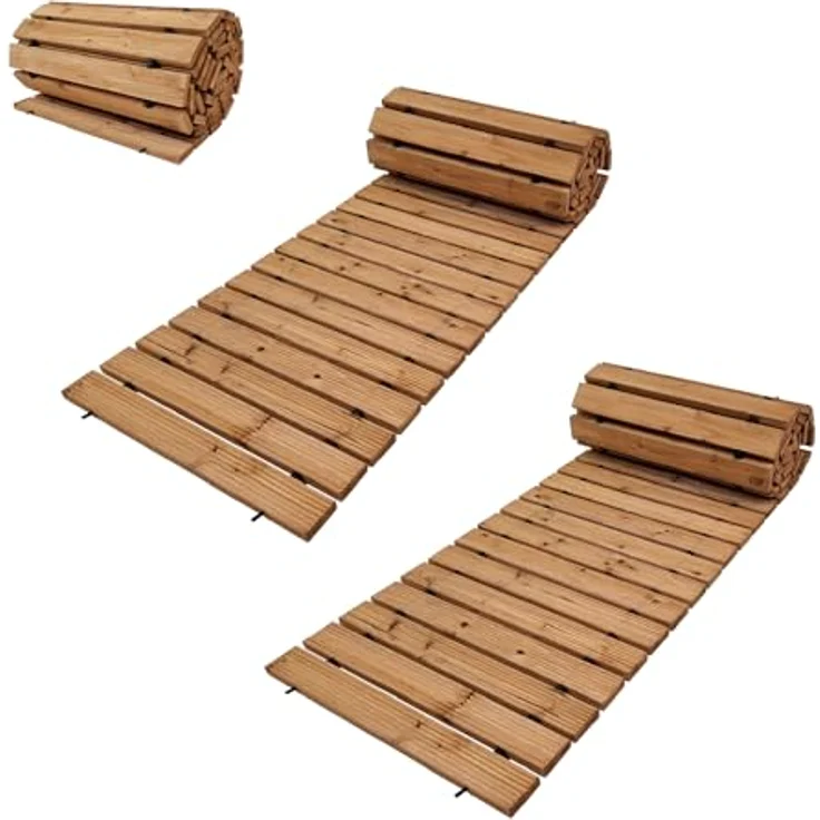 TRUTZHOLM 2X Holzpfad ausrollbar 250x43x2 cm rustikales Tannenholz mit Anti-Rutsch Oberfläche wetterfester Holzweg für Garten, Hinterhof, Strand - Pflegeleichter Rollweg zur Gartengestaltung – Bild 1