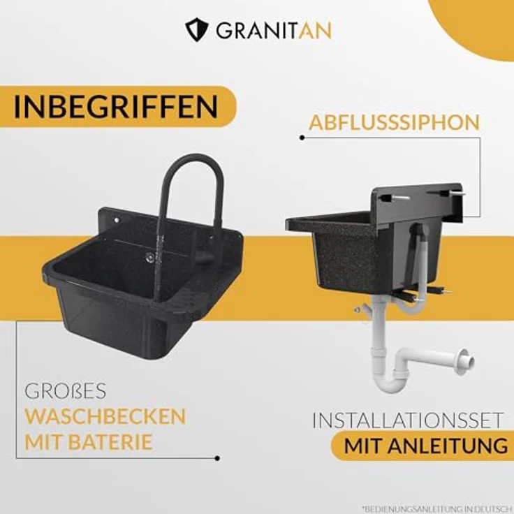 Granitan Kunststoffspüle Ausgussbecken aus Polypropylen - Waschtrog mit Siphon 50x34x31 cm, Waschbecken Set, Garagenspüle mit FLEX-Spülbeckenarmatur – Bild 3